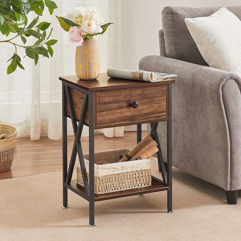 Javlergo X-Frame Nightstand with Drawer & Open Shelf MDF Multi-Functional End Table with Metal Feet for Bedroom & Living Room