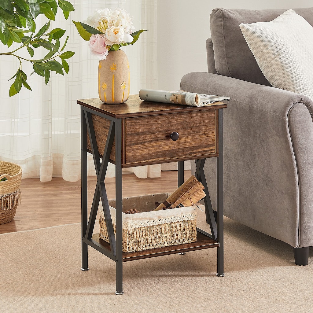 Javlergo X-Frame Nightstand with Drawer & Open Shelf MDF Multi-Functional End Table with Metal Feet for Bedroom & Living Room