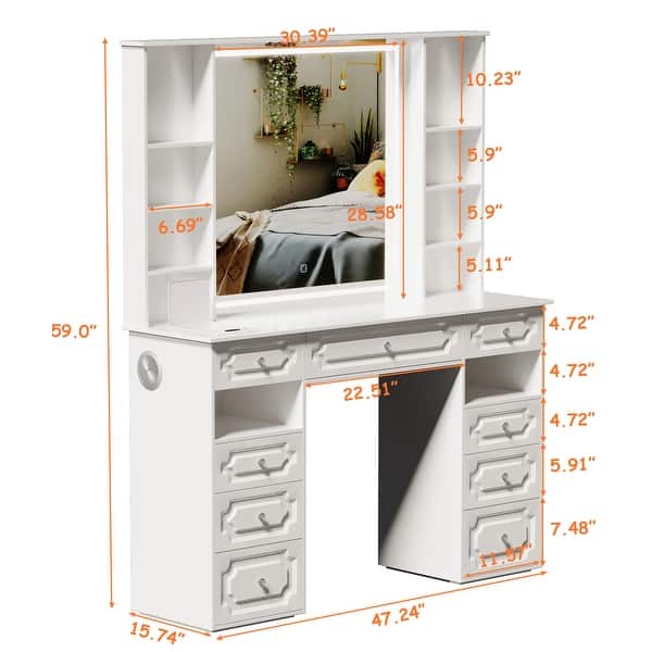dimension image slide 3 of 4, White/ Black Makeup Vanity with Lighted Mirror,Extra Large Vanity Desk with 9 Drawers,European Style Vanities