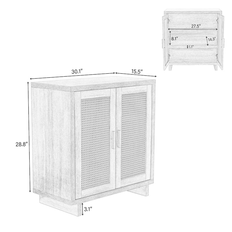 Mid-Century Modern Rattan Sideboard Storage Accent Cabinet with 2 Door
