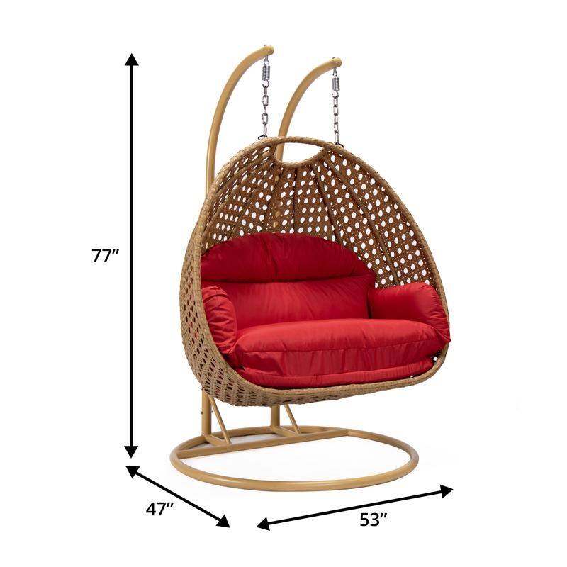 LeisureMod Mendoza 2-Person Hanging Egg Swing Chair - Handcrafted Light Brown Wicker, Patio Hammock Lounger with Cushions - 53"