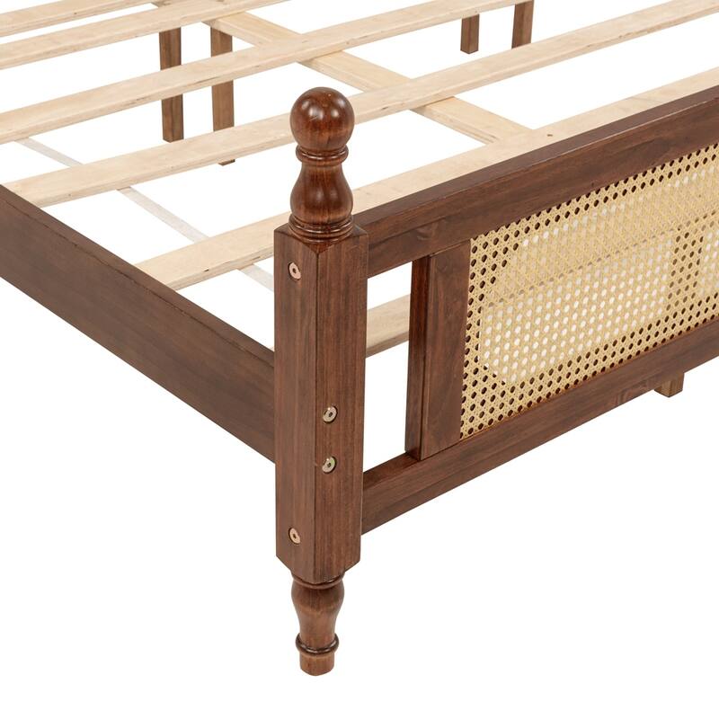 King Pine wooden Bed with Rattan Headboard and Footboard