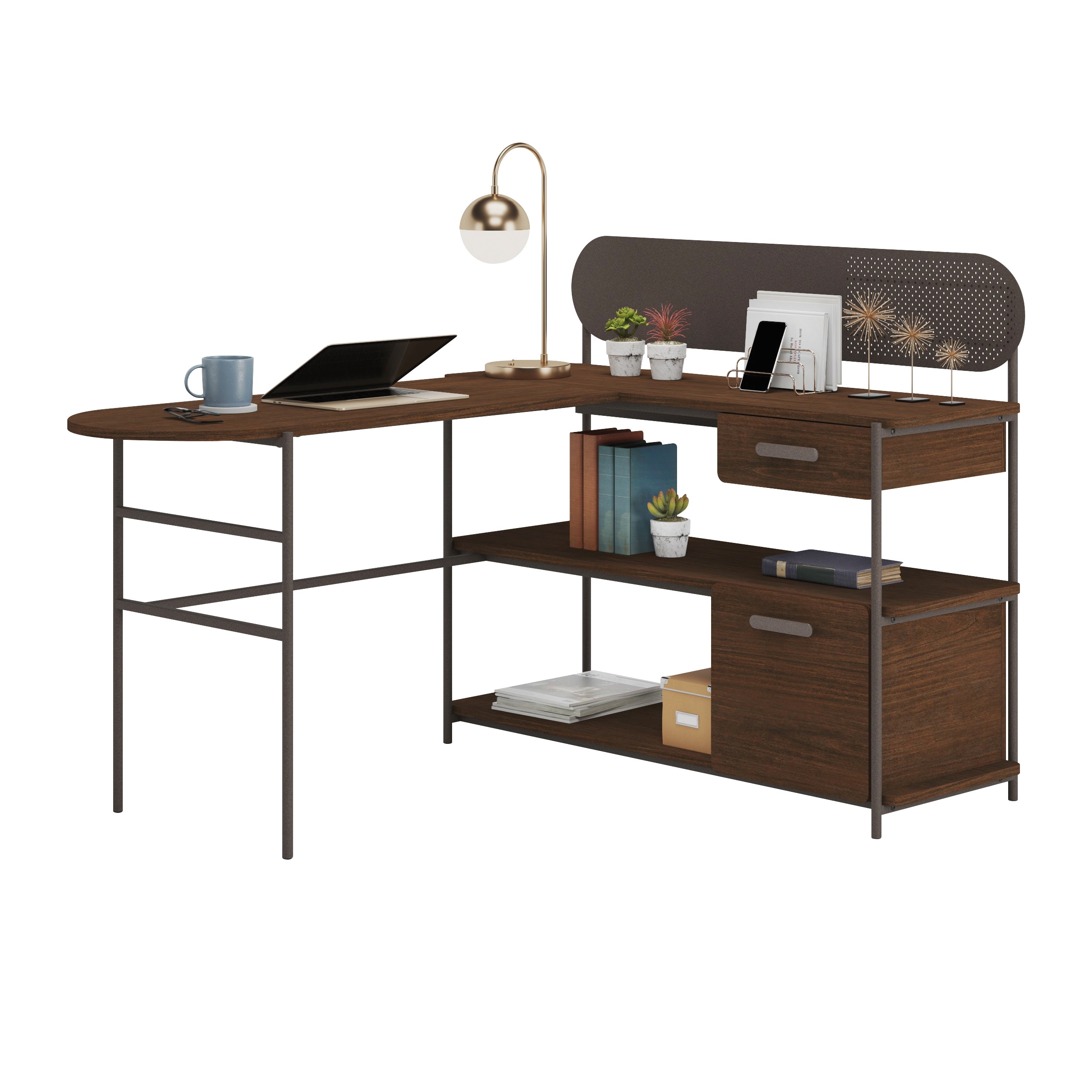 Wood L-Shaped Desk with 2 smooth-glide Drawers, Brown
