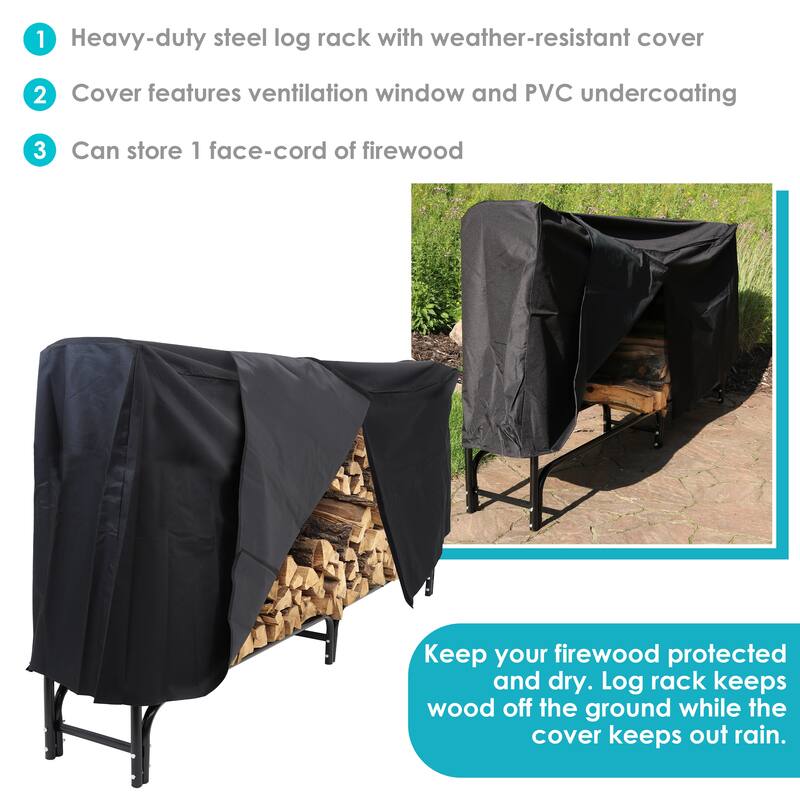 Sunnydaze Black Outdoor Waterproof Firewood Log Rack and Cover - 8-Foot