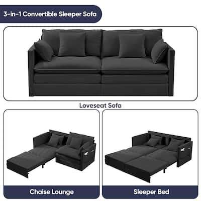 Mixoy 77.95'' lce Velvet 3-in-1 Convertible Loveseat Sleeper Sofa Bed with Side Pockets,Pull Out into Chaise Lounge/Sleeper Bed