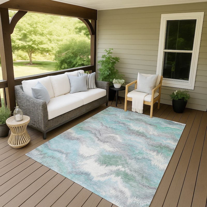 Machine Washable Indoor/ Outdoor Abstract Watercolor Chantille Rug - Teal - 2'6" x 3'10"