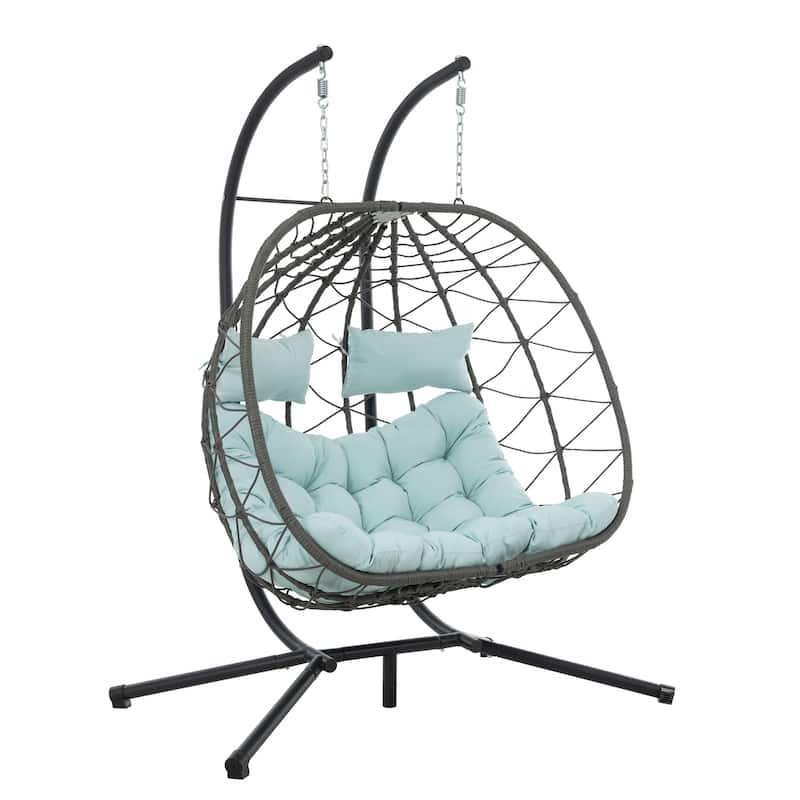 Steel Frame 2-Person Egg Chair with Stand and Outdoor Wicker Hanging Swing for Patio/Balcony