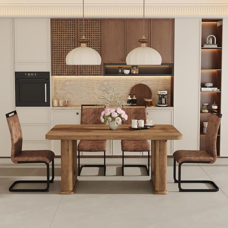 5-Piece Wood Textured Dining Table Set with U-shaped Table Legs, Chairs with Arched Black Legs, Curved Backrest