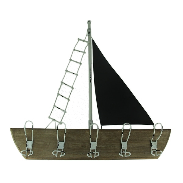 Black and White Sailboat Coastal Coat Rack Wall Hook Hanging - 27.5 X 27.5 X 4.5 inches