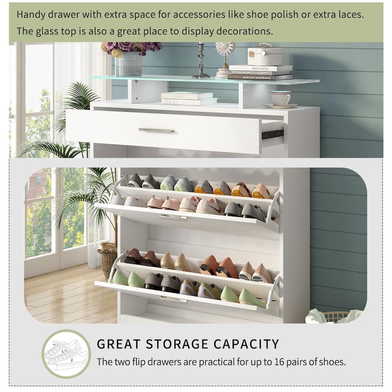 Slim Entryway Organizer with 2 Flip Drawers and LED Light - 9.4"W x 25"H x 35"D