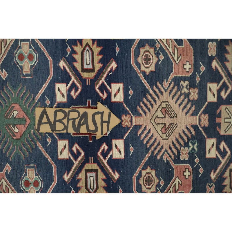 Hand Woven Oriental 100% Wool Carpet Traditional Geometric Navy Blue & Blues Sumak Area Rug - 14' 0'' X 10' 6''