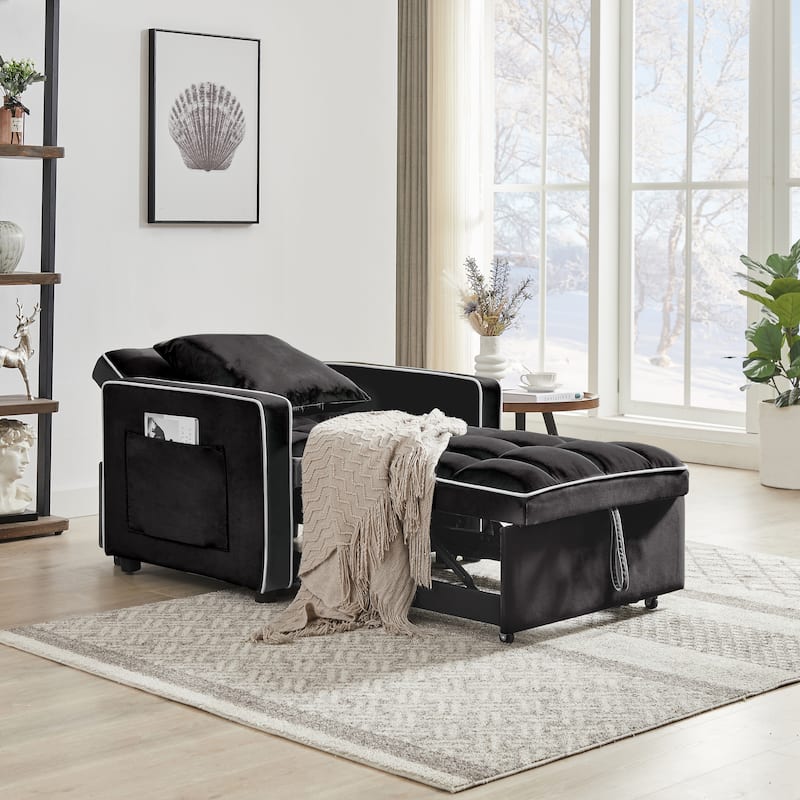 3 in 1 Convertible Sleeper Sofa Bed, Velvet Upholstered Sofa Recliner Chair, Single Sofa with Adjustable Backrest & Side Pockets - Black