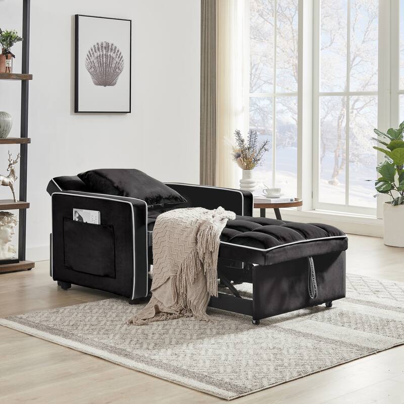 Multifunctional Velvet Sleeper Sofa Chair - Convertible Couch, Chaise & Ottoman - Black
