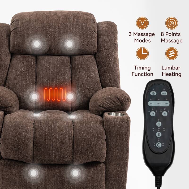 Roomfitters Heavy Duty Power Lift Recliner, Chenille Massage Chair with USB-C Charging and Stainless Cup Holders