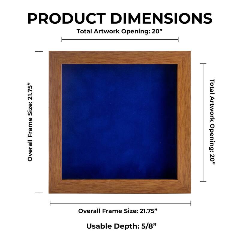 20x20 Shadow Box Frame Light Brown Wood | With a 3/4" Usable Display Depth | Includes a Royal Blue Real Suede Texture Acid-Free