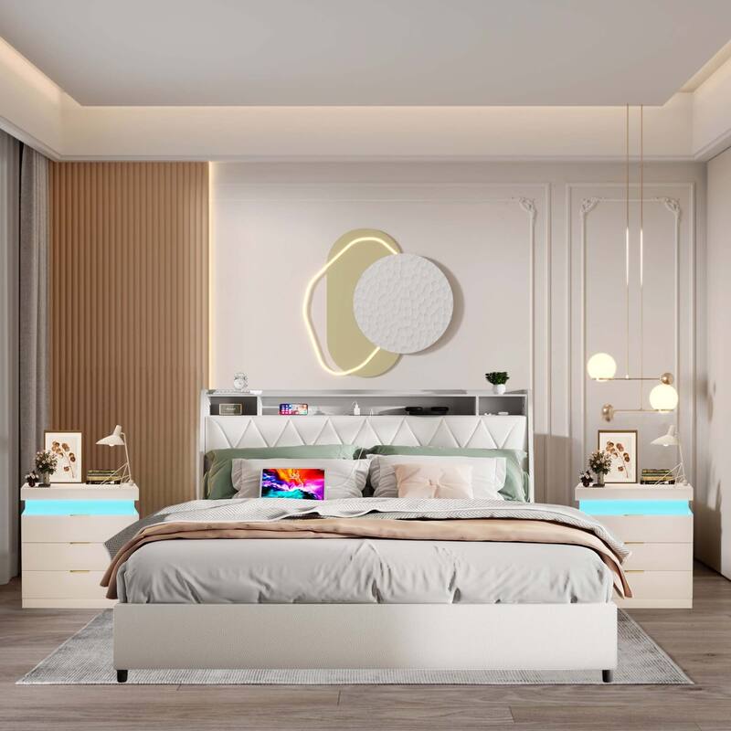 3-Pieces Bedroom Sets,Metal Bed Frame with Outlets, Charger, 4 drawers and Two Nightstands with Charging Station and LED Lights