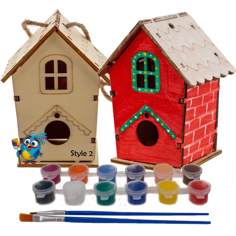 DIY Birdhouse Homemade Wooden - Build Your Own Bird House w/ Easy Painting Kit - Style 2