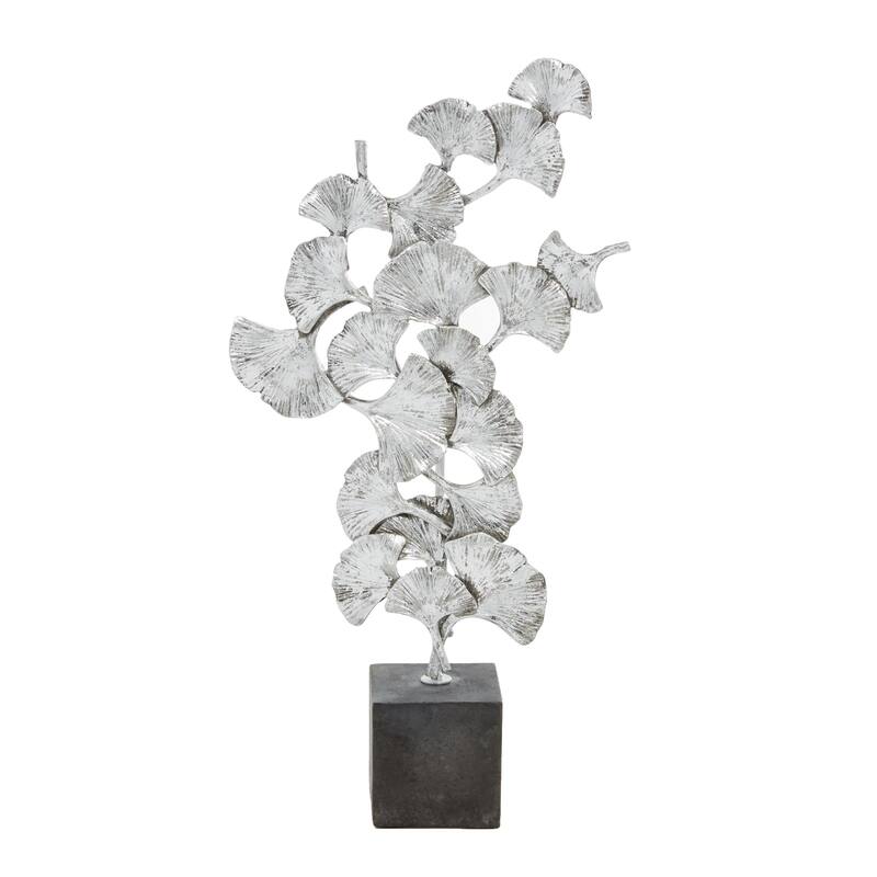 Polystone Floral Decorative Sculpture with Black Block Base - Silver or Gold - Roche River Decor