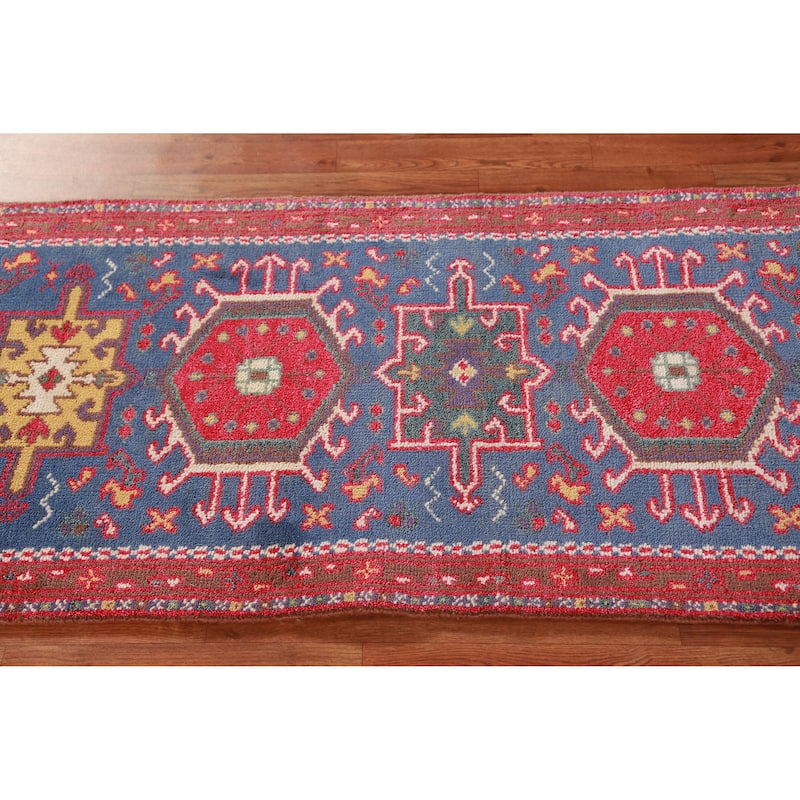 Hand Knotted Oriental 100% Wool Carpet Transitional Geometric Navy Blue & Blues Khotan Runner Rug - 9' 11'' X 2' 6''