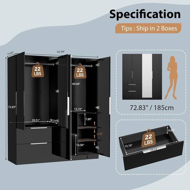 Armoire 4 Doors 2 Drawers with Full-length Mirror Door with High Gloss Paint