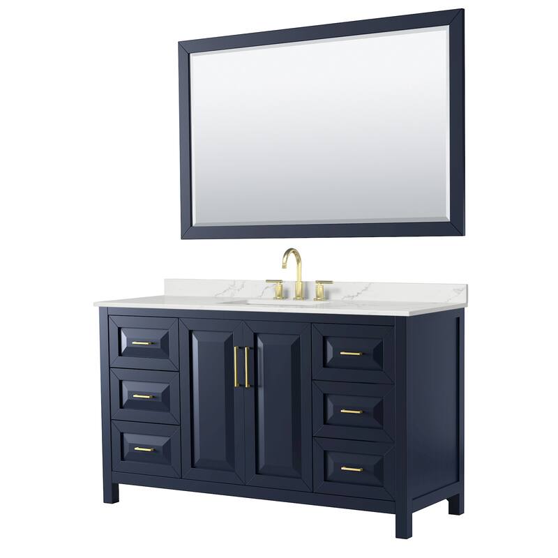 Daria 60-inch Single Vanity, 3 Hole Quartz Top, 58-inch Mirror - Dark Blue, Gold Trim, Giotto Quartz Top