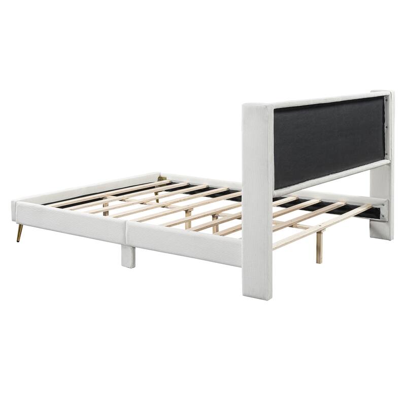 Stylish Queen Platform Bed with Corduroy Upholstery and Metal Legs - No Box Spring Needed