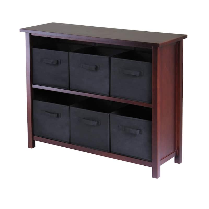 Verona 7-Pc Storage Shelf with 6 Foldable Fabric Baskets, Walnut and Black - 39" x 13" x 30"