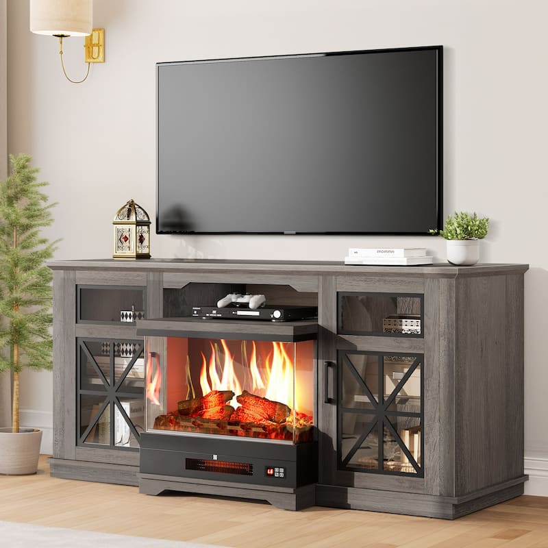 Moasis Farmhouse TV Stand Media Entertainment Console with Glass Doors Fits for 24" Fireplace TVs up to 65'' - Without Fireplace