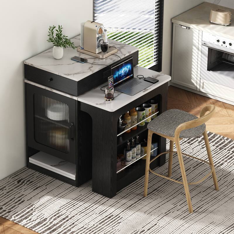 Kitchen Island with Extendable Dining Table, Kitchen Storage Table with 2 Drawers, Power Outlet, Open Shelves, for Diningroom