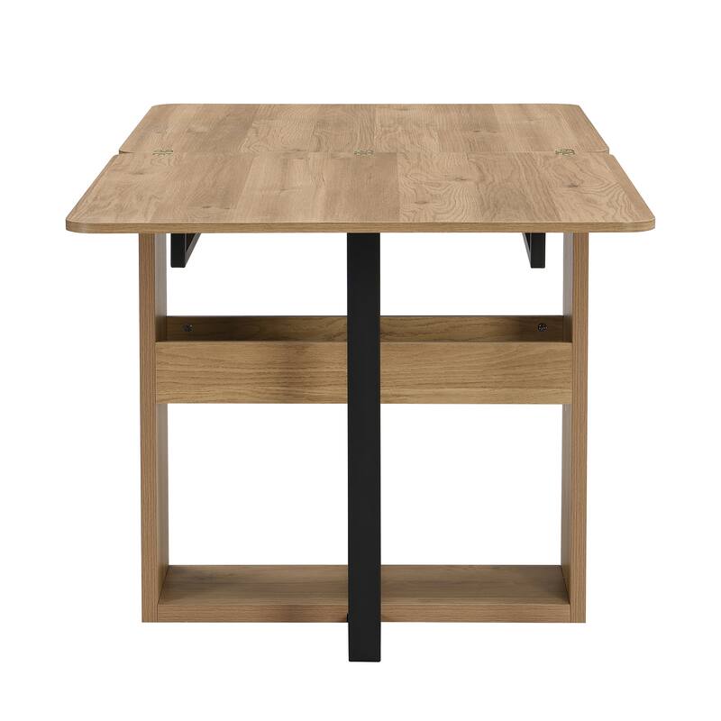 Modern 5-Piece Extendable Dining Table Set, 63" Kitchen Foldable Wooden Table with Lower Storage Shelf and 4 PU Leather Chairs