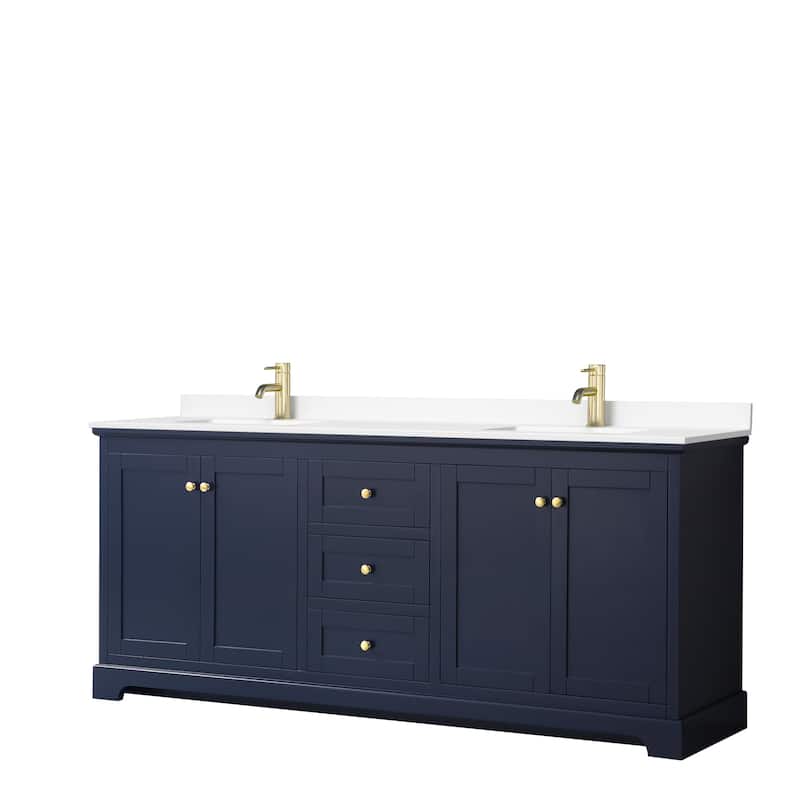 Avery 80 Inch Double Vanity, Cultured Marble Top - Dark Blue, Gold Trim, White Cultured Marble Top