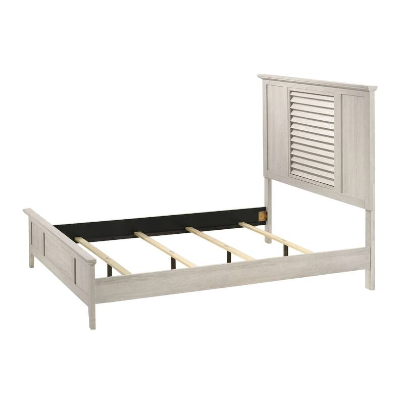 Sary King Size Bed w Tall Louvered Headboard, Tapered Front Legs, Off White