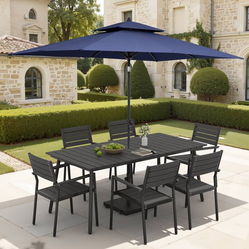 9-Piece Outdoor Dining Set Aluminum Table and 8 Stackable Chairs and 10 ft Umbrella with Base - Black Table with Navy Blue Umbrella