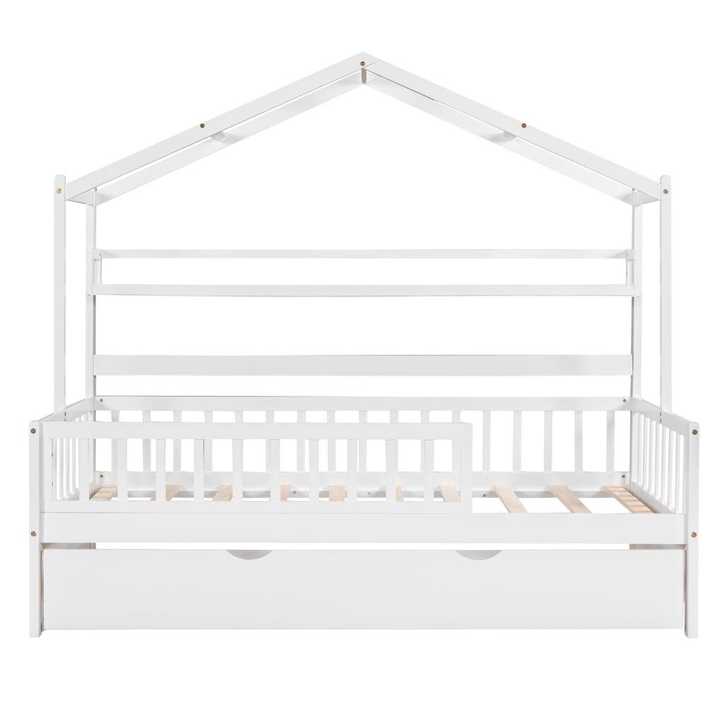 House Bed with Twin Size Trundle,Kids Bed with Shelf