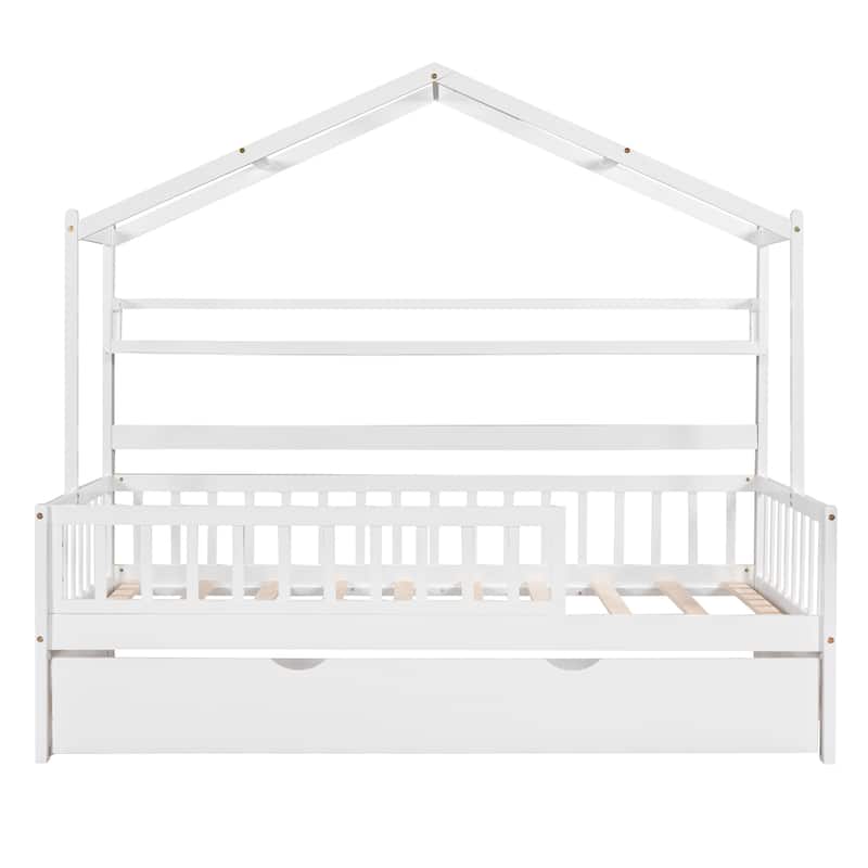 Twin House Bed with Trundle and Storage Shelves, Playful Kids Bed with Roof