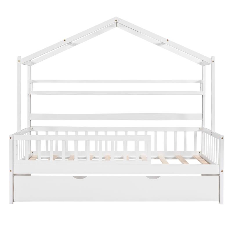 Cute Wooden Twin or Full House Bed with Trundle, Kids Bed Wood Platform Bed Frame with Safety Guardrail & Storage Shelf