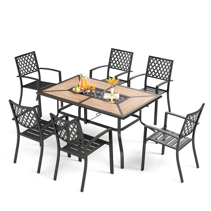 MAISON ARTS 7 Pieces Patio Steel Dining Set with 6 Stackable Steel Dining Chairs and 1 Patio Umbrella Rectangle Table