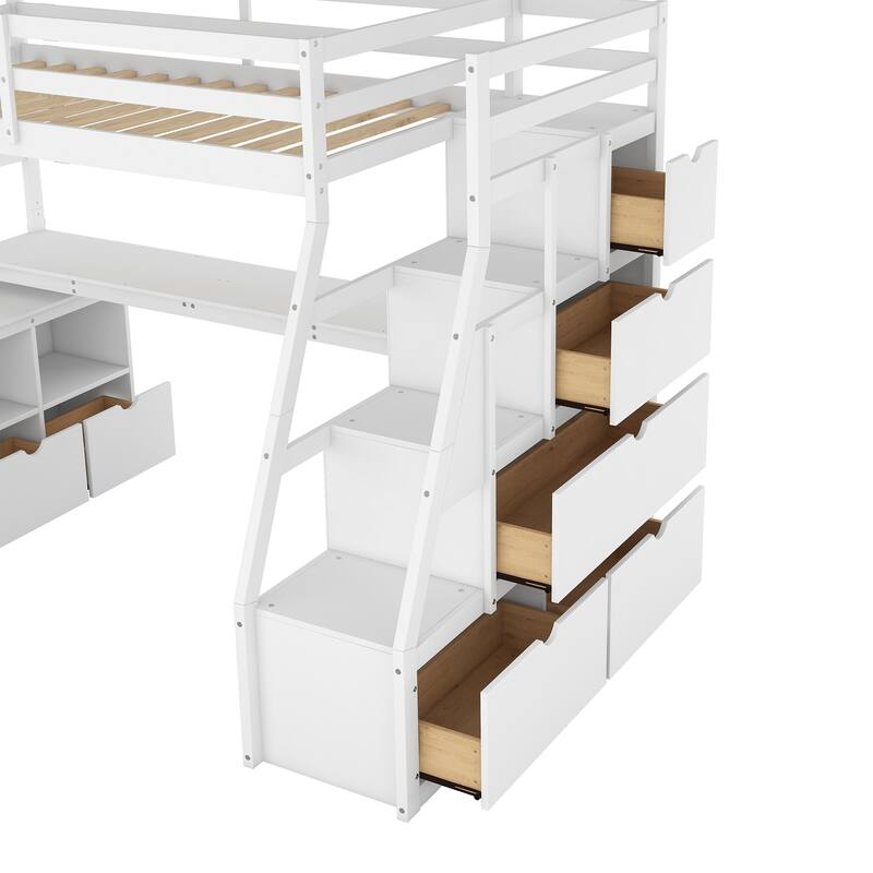 Twin Size Loft Bed with Drawers, Shelves, and Desk in White