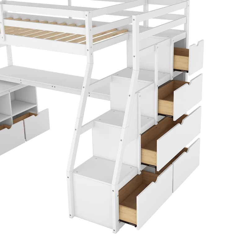 White Twin Size Wood Loft Bed with 7 Drawers 2 Shelves, Ladder and Desk for Kids, Bedroom