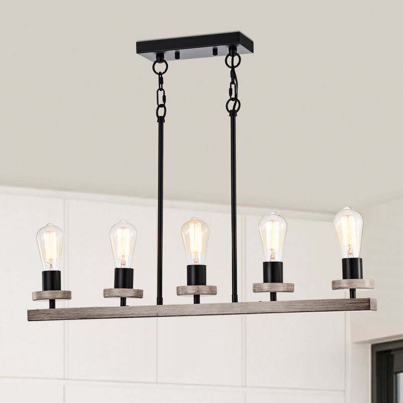 Funa 30 Inch Matte Black Kitchen Island Adjustable High with 5 Light - Matte Black and Wood Grain
