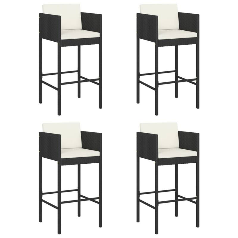 Outdoor Barstool Chair Set of 4, White Fabric Cushions, Black Rattan