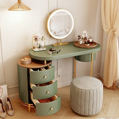 Modern Makeup Vanity Table With LED Lighted Mirror, Dressing Table with Movable Tray Top, 3 Solid Wood Drawer, Without Stool