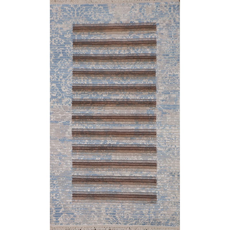 Multi-Color Striped Abstract Modern Accent Rug Handmade Wool Carpet - 2'8"x 4'10"