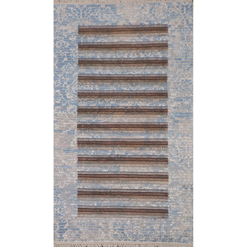 Multi-Color Striped Abstract Modern Accent Rug Handmade Wool Carpet - 2'8"x 4'10"