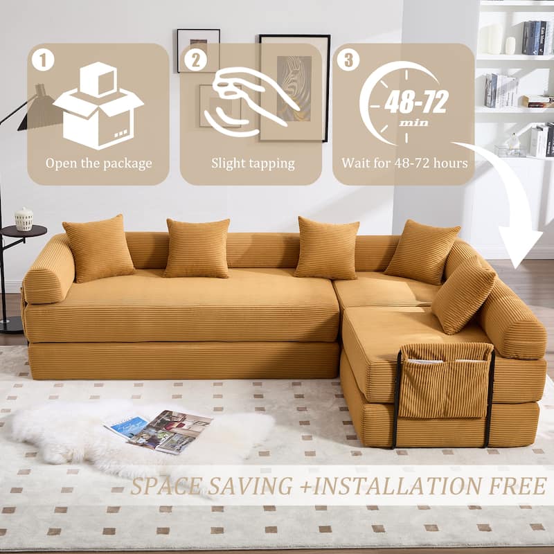 HOMEFUN Corduroy Upholstered Convertible Folding Sofa Bed with Fixed Frame and Pillow Back Handrail