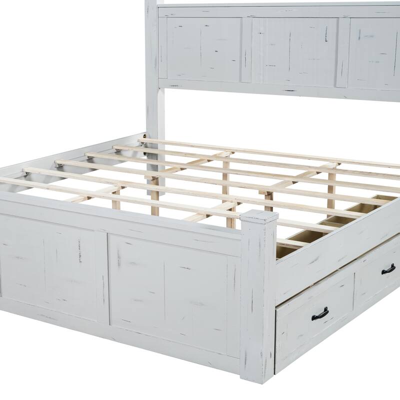 White Distressed Platform Bed Frame Wood Panel Bed w/ 3 Storage Drawers