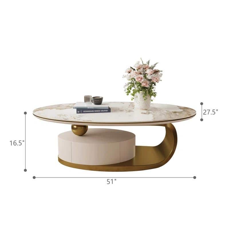 51.18” Thick Burnished Stone Coffee Table with Drawers and Gold Stainless Steel Base - 7'6" x 10'9"