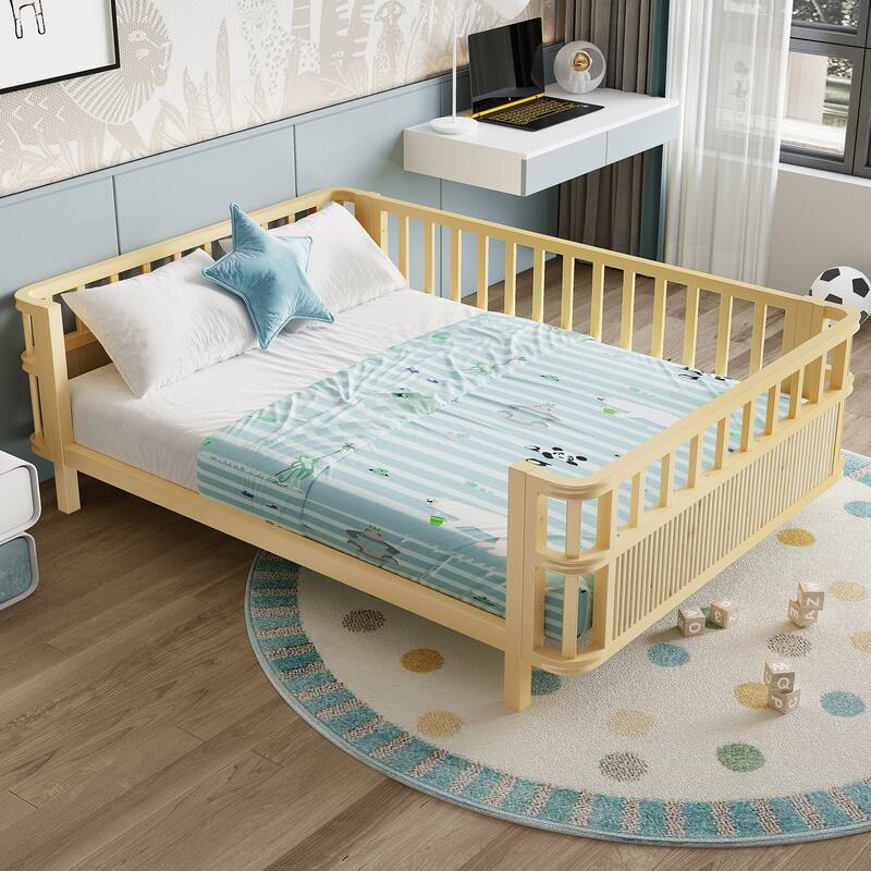 Children's Platform Bed with Removable Iron Railings - Natural - Full