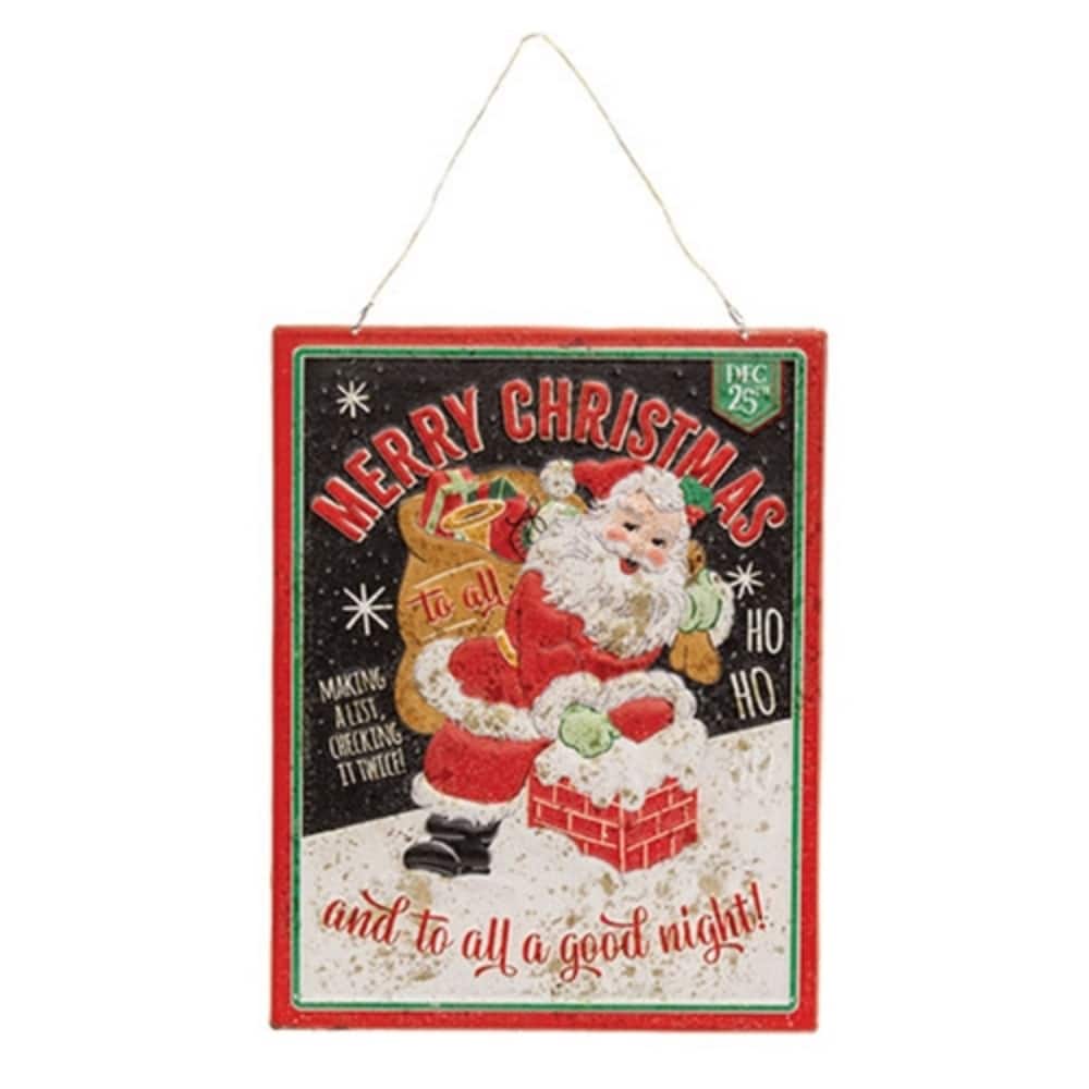 Metal Retro and to All a Good Night Santa, Sign Embossed Vintage Christmas Wall Hanging - 12” high by 9” wide by .25” deep
