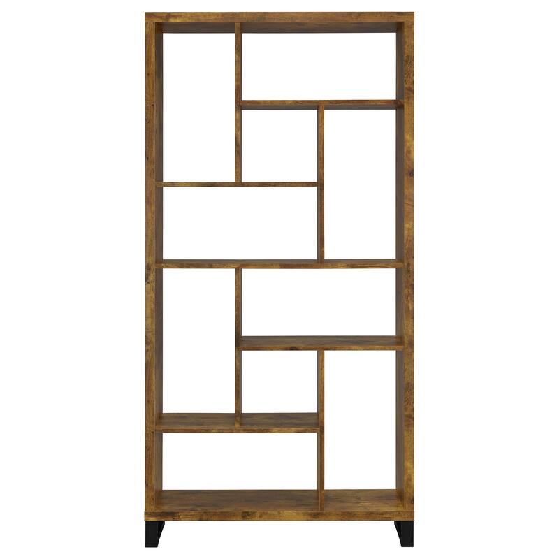 1pc Industrial Style Bookcase Ten Shelves Bookshelf Rustic Antique Nutmeg Black Metal Base Home Office